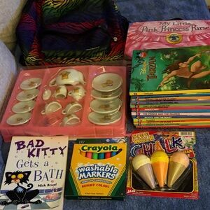 Collection of Disney books tea Set Backpack markers chalk tote princess purse